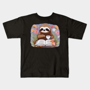 Sloth With Cup Of Tea And Book Kids T-Shirt
